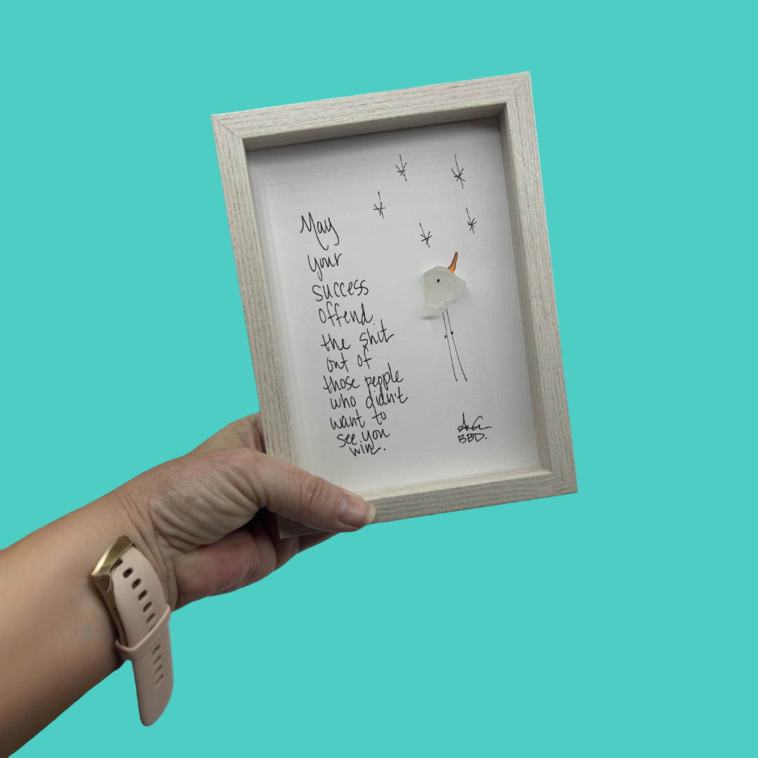 May Your Success Offend -  Encouragement SLIM Sea Glass Art,  5x7 Whitewash Frame