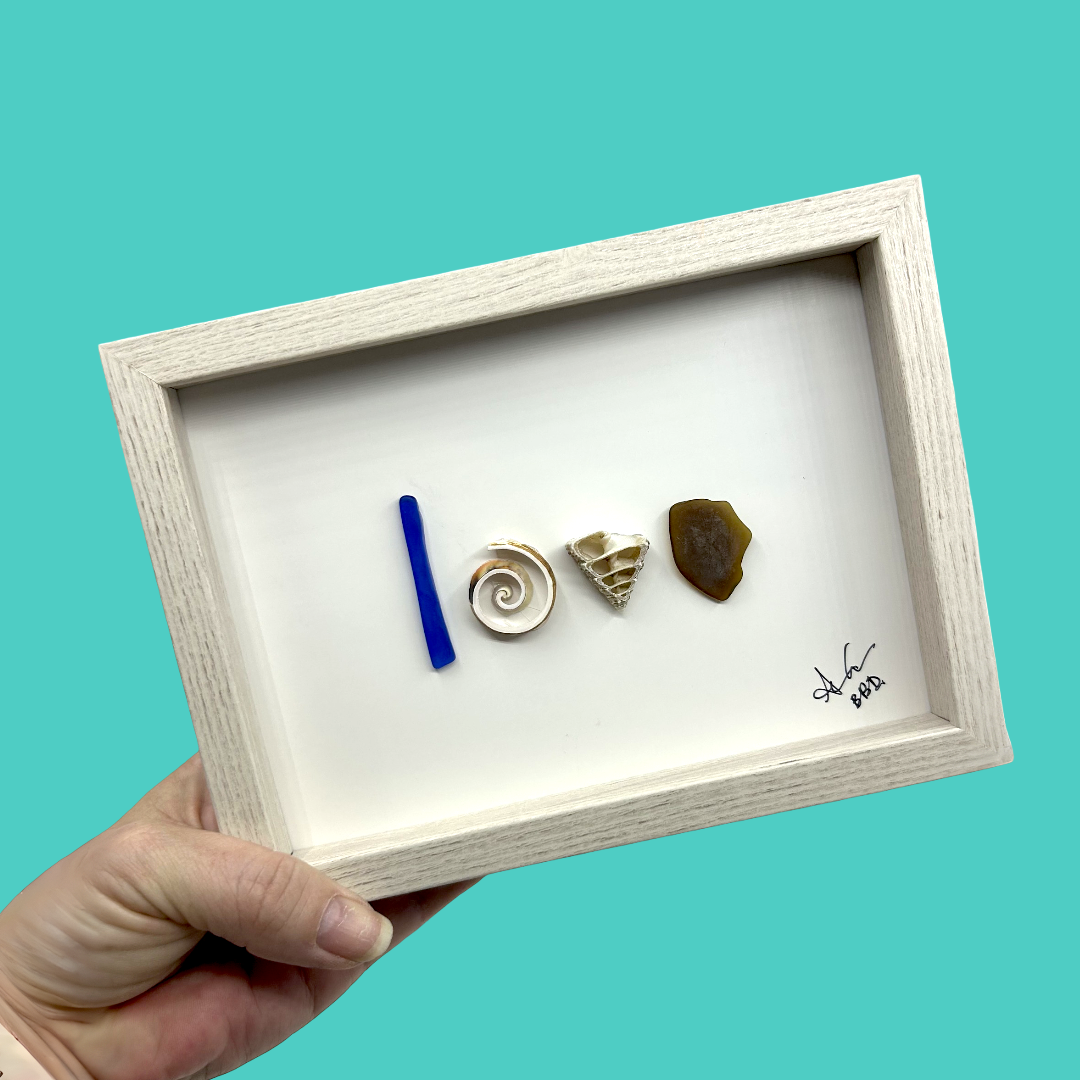 Love in Shells - SLIM Sea Glass Art,  5x7 Whitewash Frame