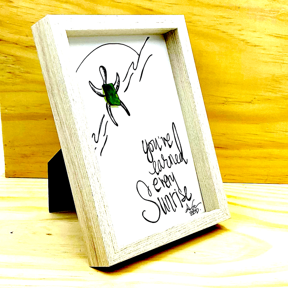 You've Earned Every Sunrise Sea Turtle - SLIM Sea Glass Art,  5x7 Whitewash Frame