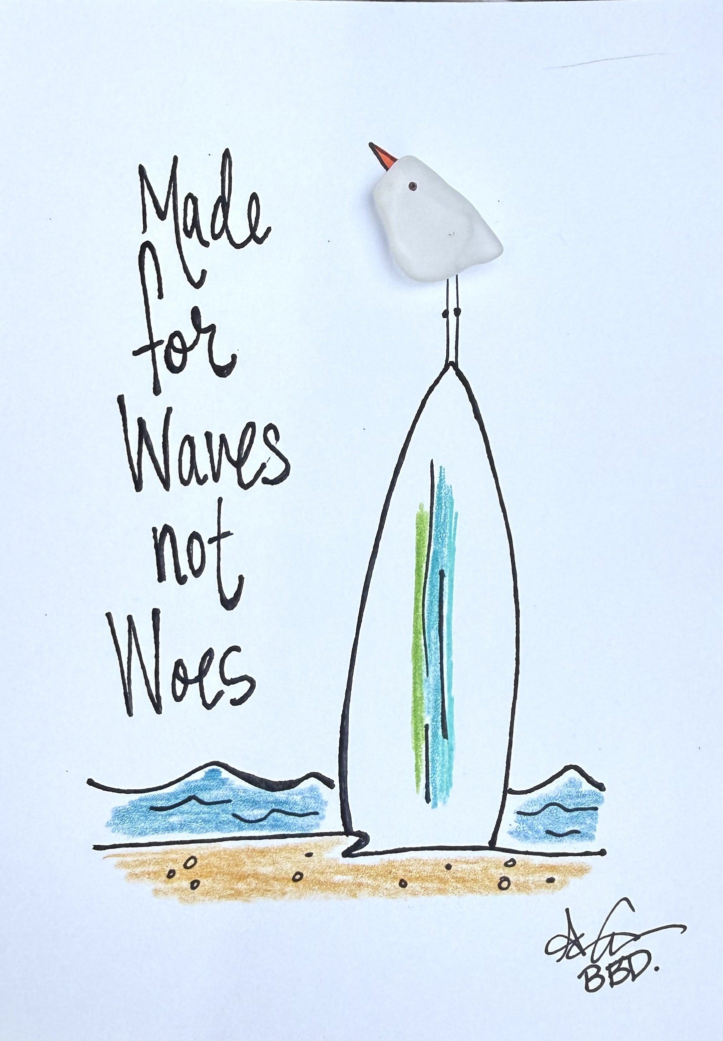 Made for Waves Not Woes - SLIM Sea Glass Art,  5x7 Whitewash Frame