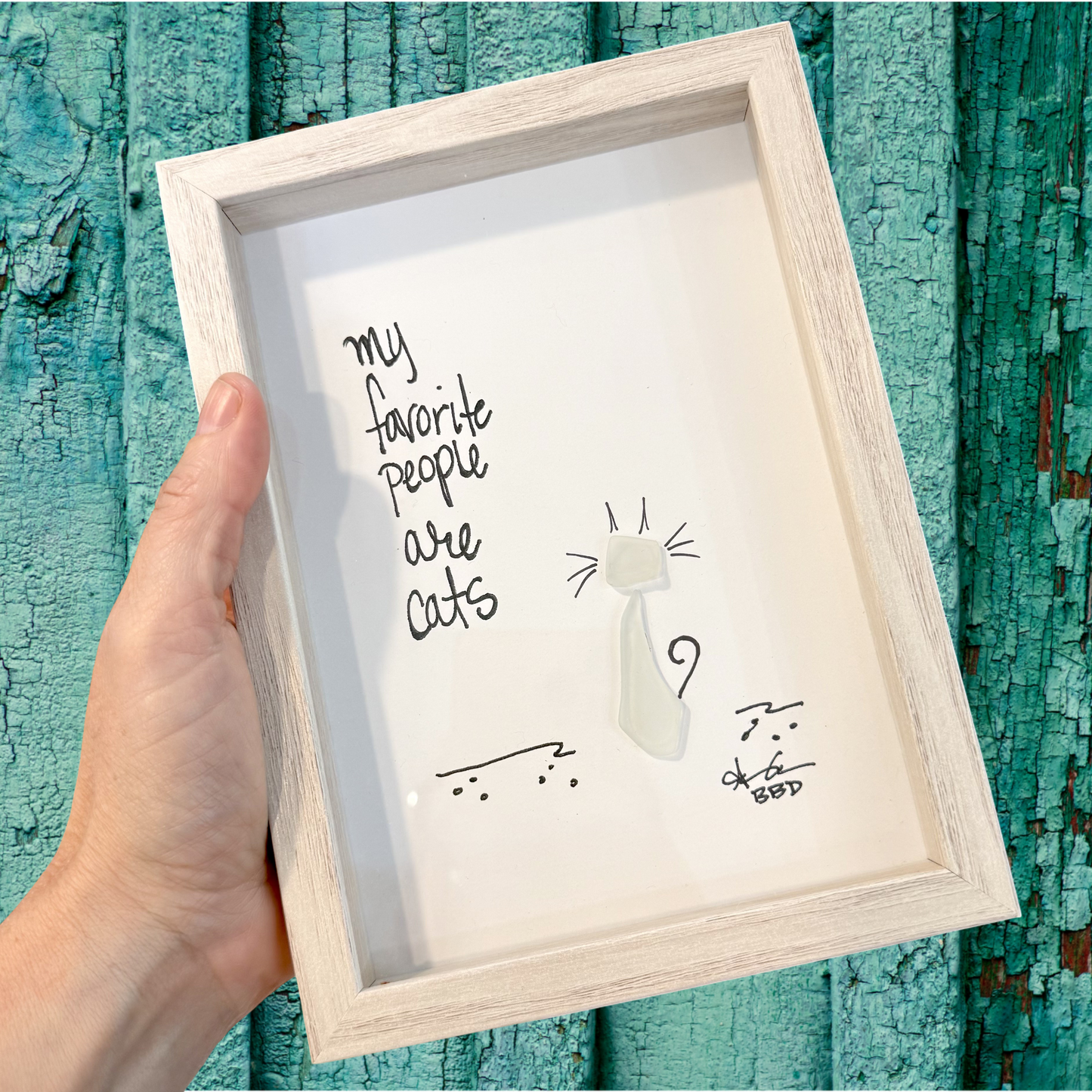 Fave People Are Cats - SLIM Sea Glass Art,  5x7 Whitewash Frame