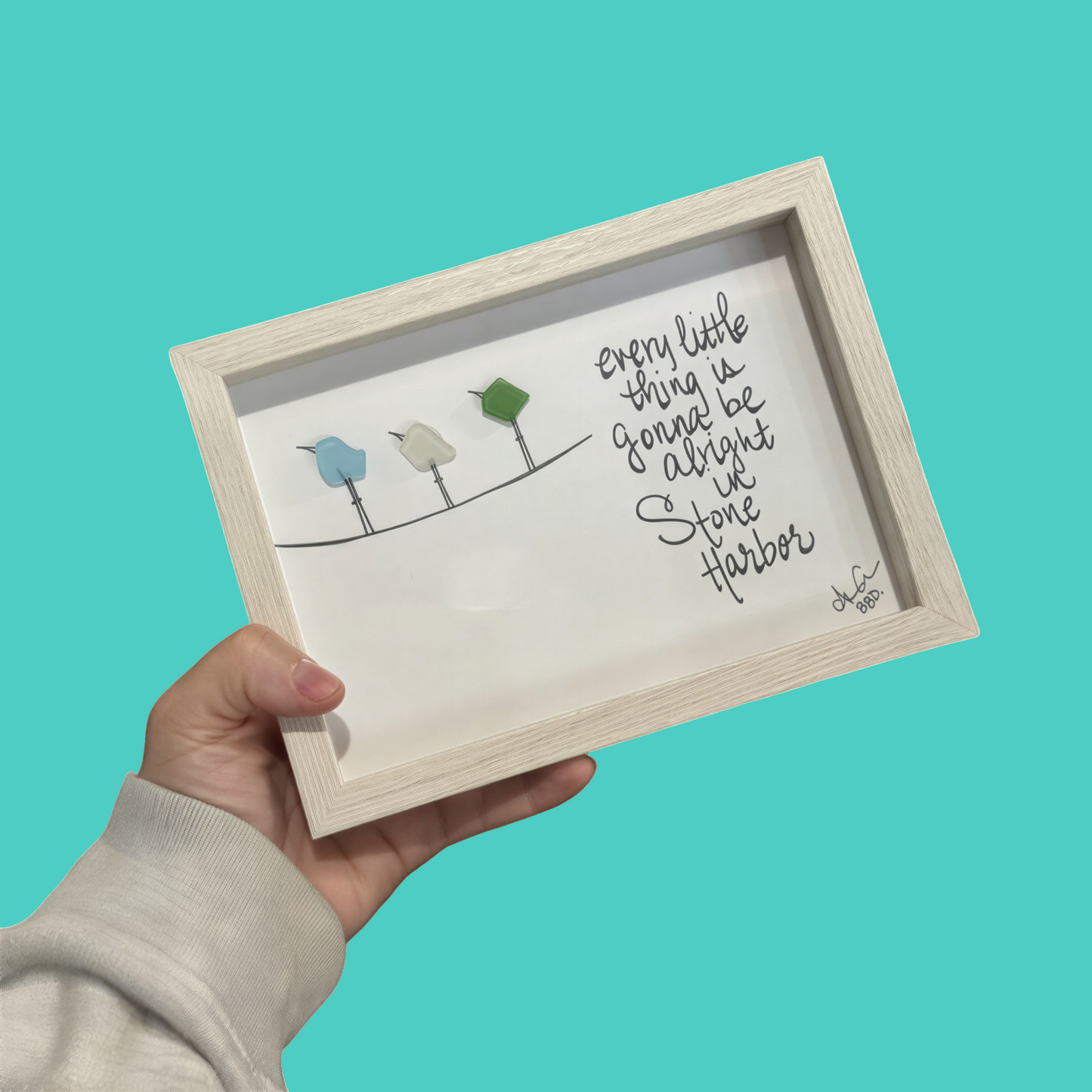 Every Little Thing is Gonna Be Alright in Stone Harbor - SLIM Sea Glass Art,  5x7 Whitewash Frame