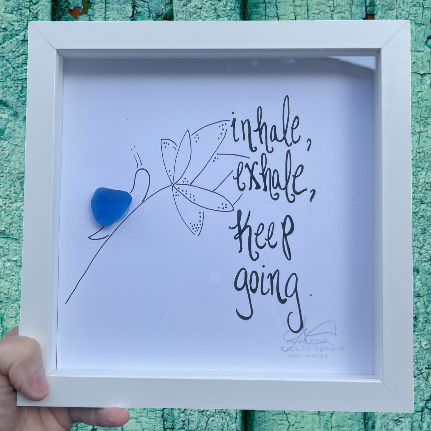 Framed artwork with 'inhalе, еxhale, keep going' snail yoga meditation sea glass art 