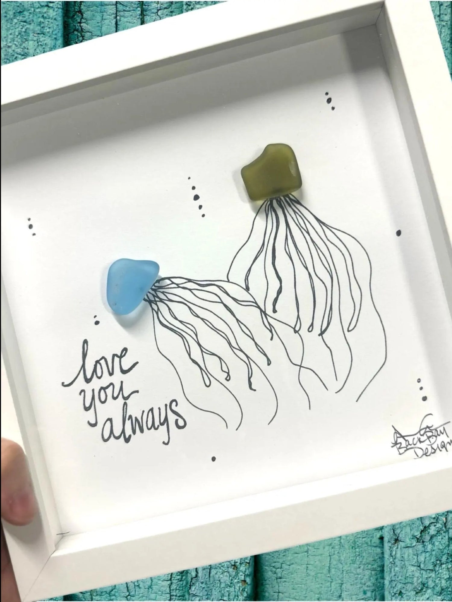 Jellyfish Love You Always 8 inch sea glass art by BBD