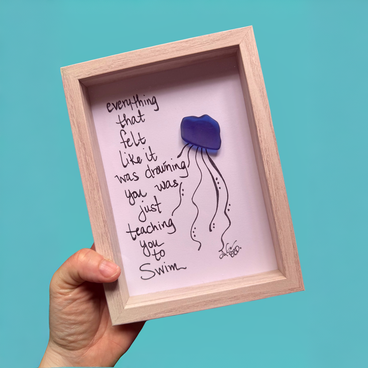 Jellyfish Teaching You To Swim  - SLIM Sea Glass Art,  5x7 Whitewash Frame