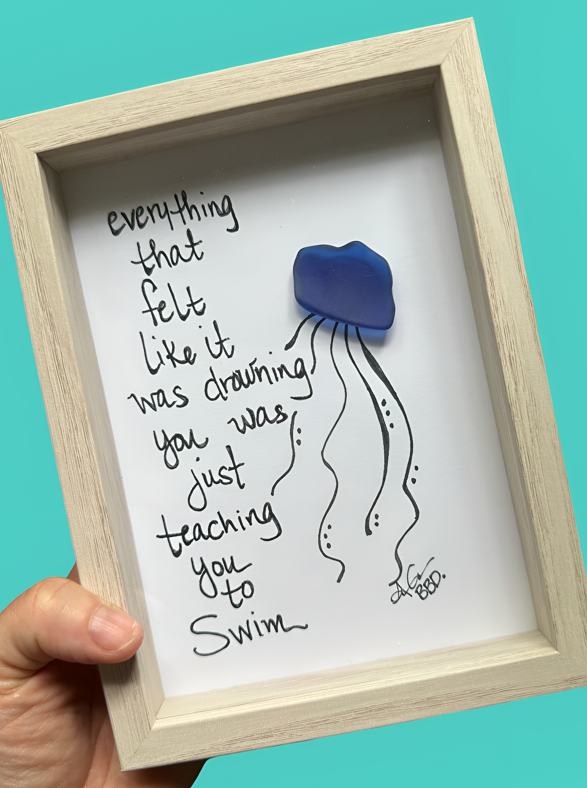 Jellyfish Teaching You To Swim  - SLIM Sea Glass Art,  5x7 Whitewash Frame