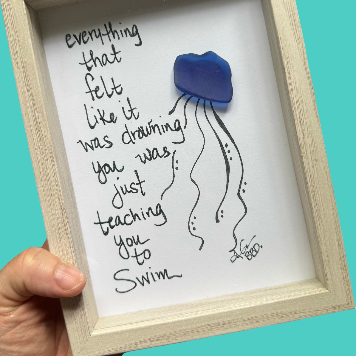 Jellyfish Teaching You To Swim  - SLIM Sea Glass Art,  5x7 Whitewash Frame