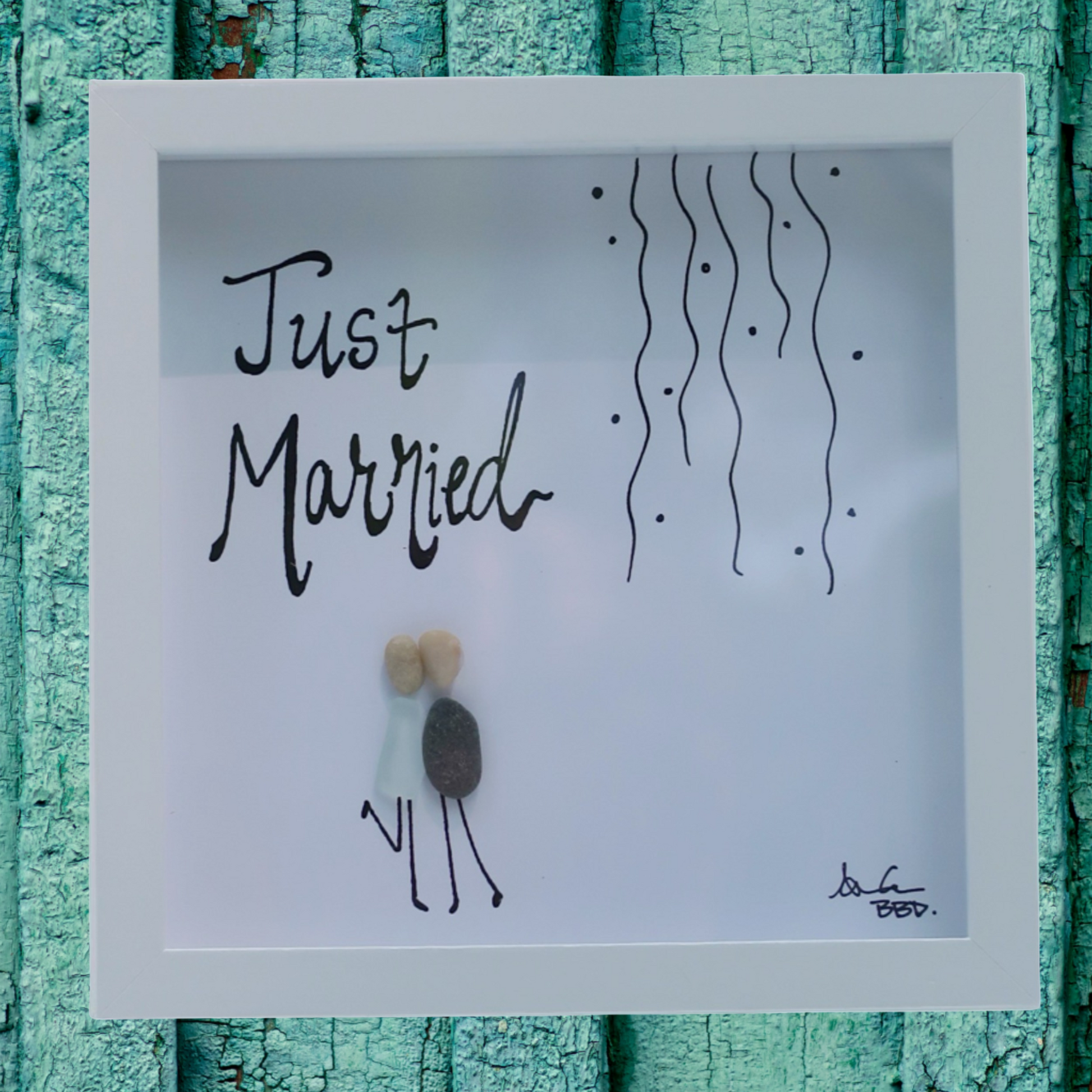 Framed artwork with 'Just Married' text and couple illustration sea glass art 