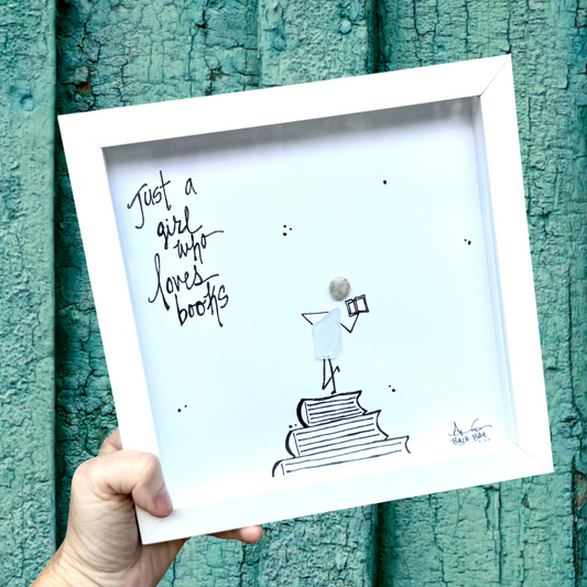 "Just a Girl Who Loves Books" Sea glass person holding an open book and standing on three big books  8 inch