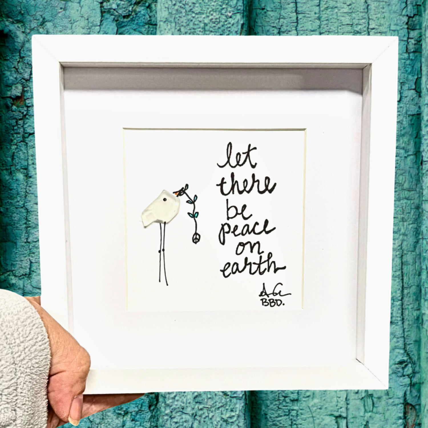 Let There Be Peace On Earth MINI 6in sea glass art sea glass dove with sprig and peace sign ornament