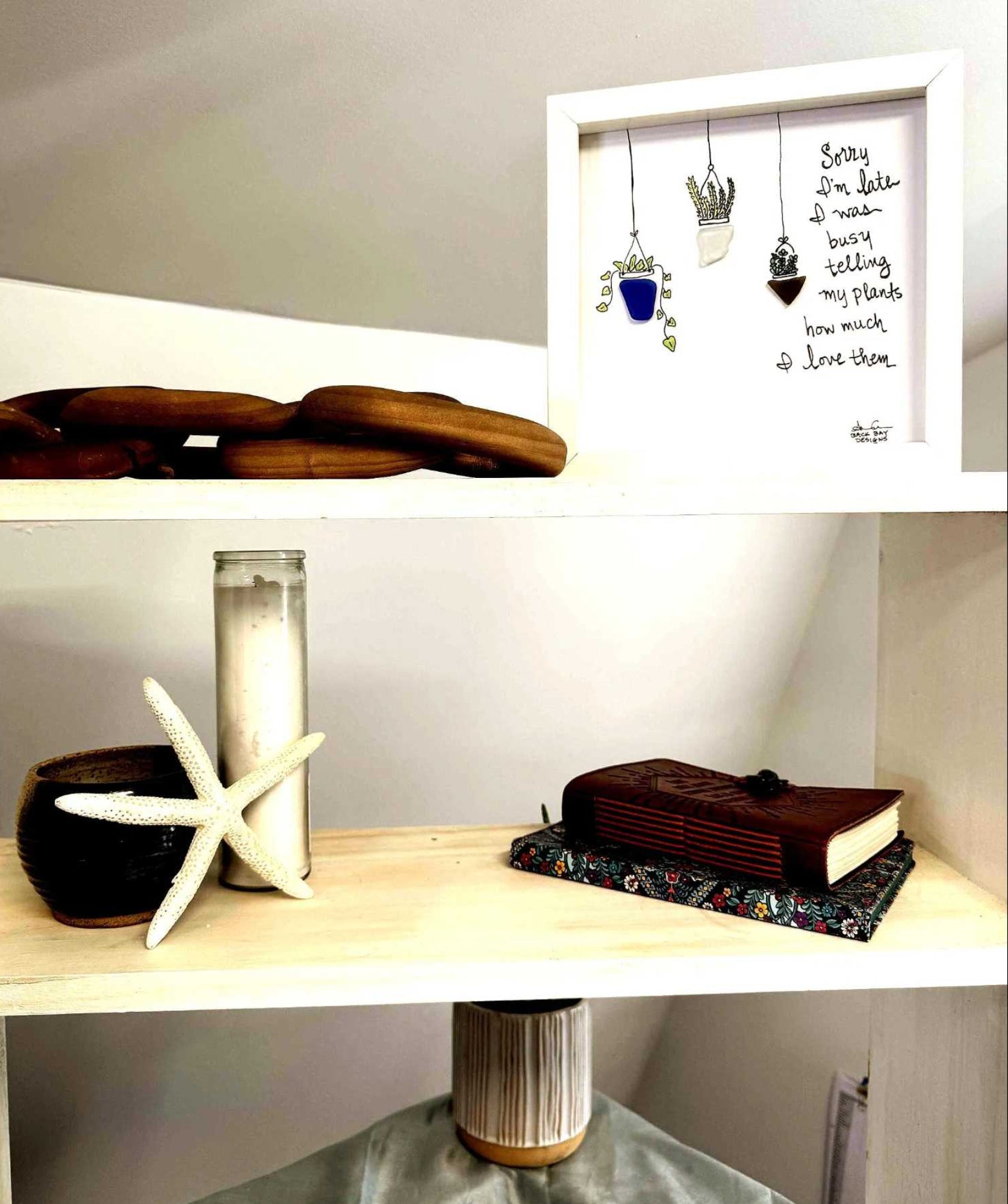 Love my plants 3 hanging pots 8in sea glass art on shelf 