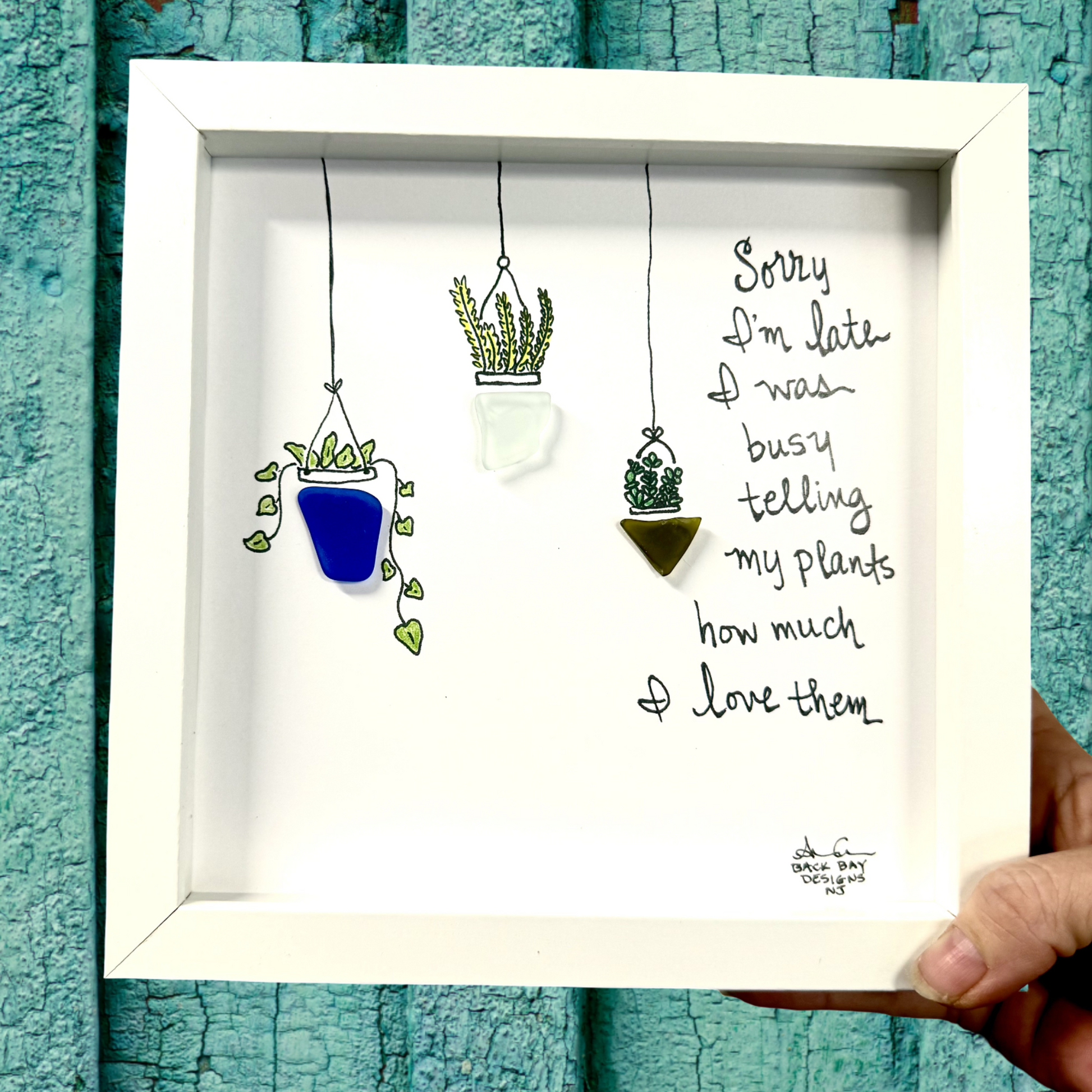 Love my plants 8in sea glass art on green painted background 