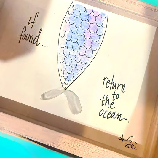 Mermaid If Found Return to Ocean (With Color) - SLIM Sea Glass Art, 5x7 Whitewash Frame
