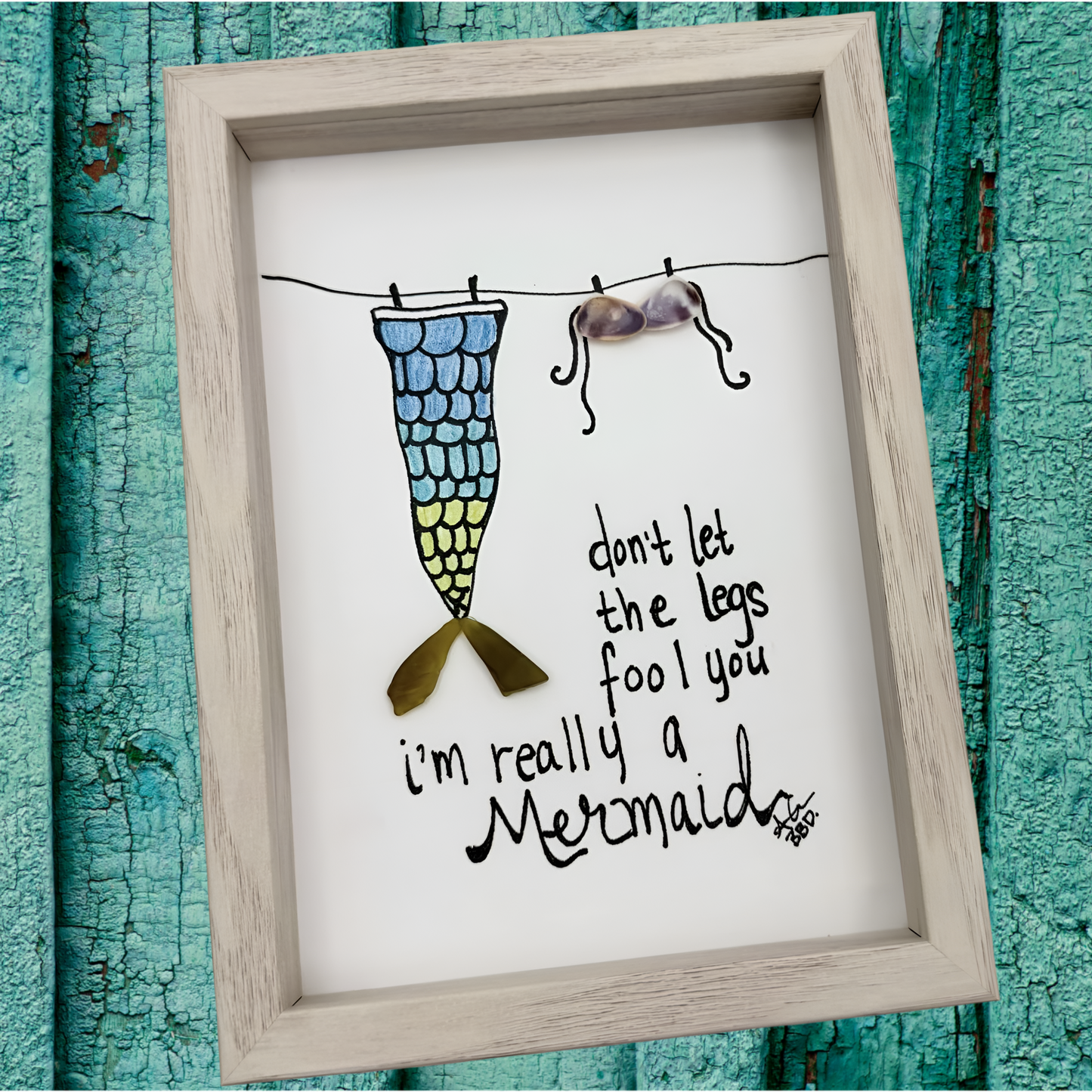 Mermaid Legs  - SLIM Sea Glass Art,  5x7 Whitewash Frame