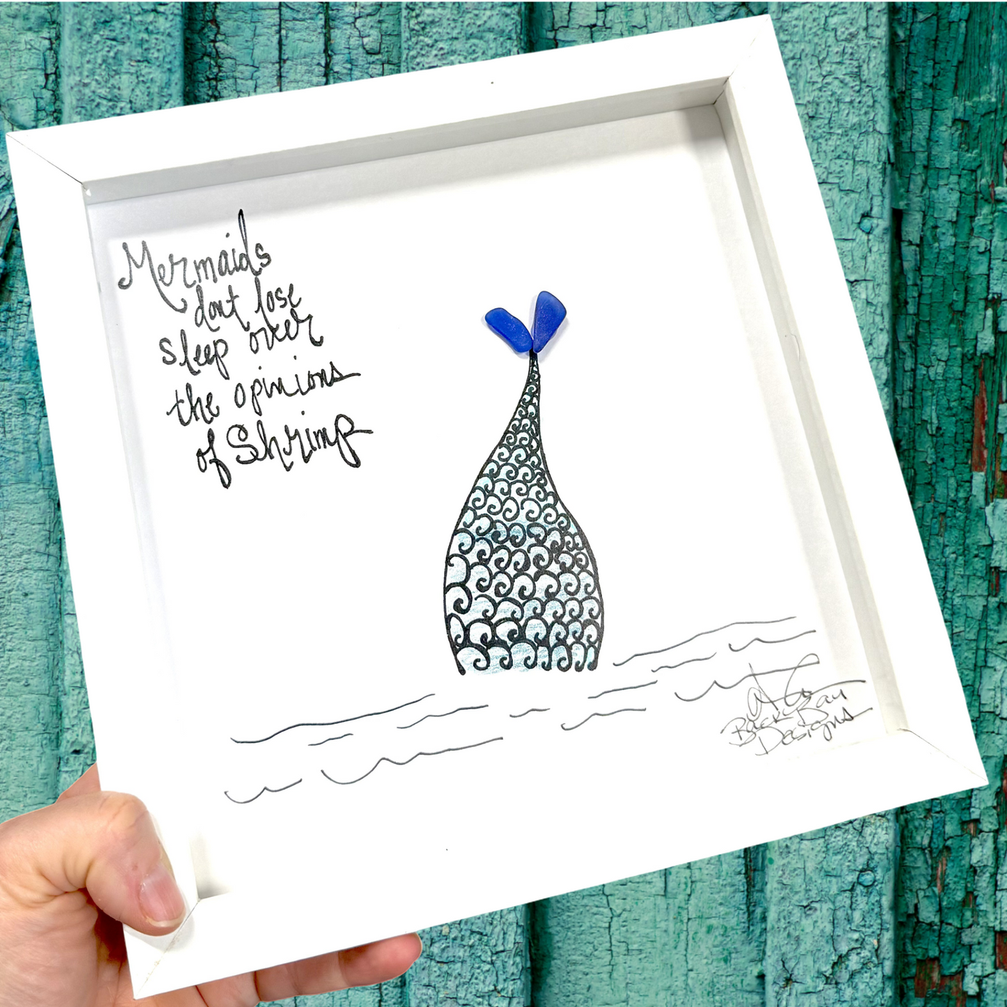 Mermaids versus Shrimp 8inch sea glass art 