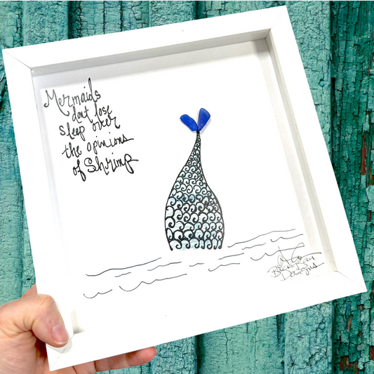 Mermaids versus Shrimp 8inch sea glass art 