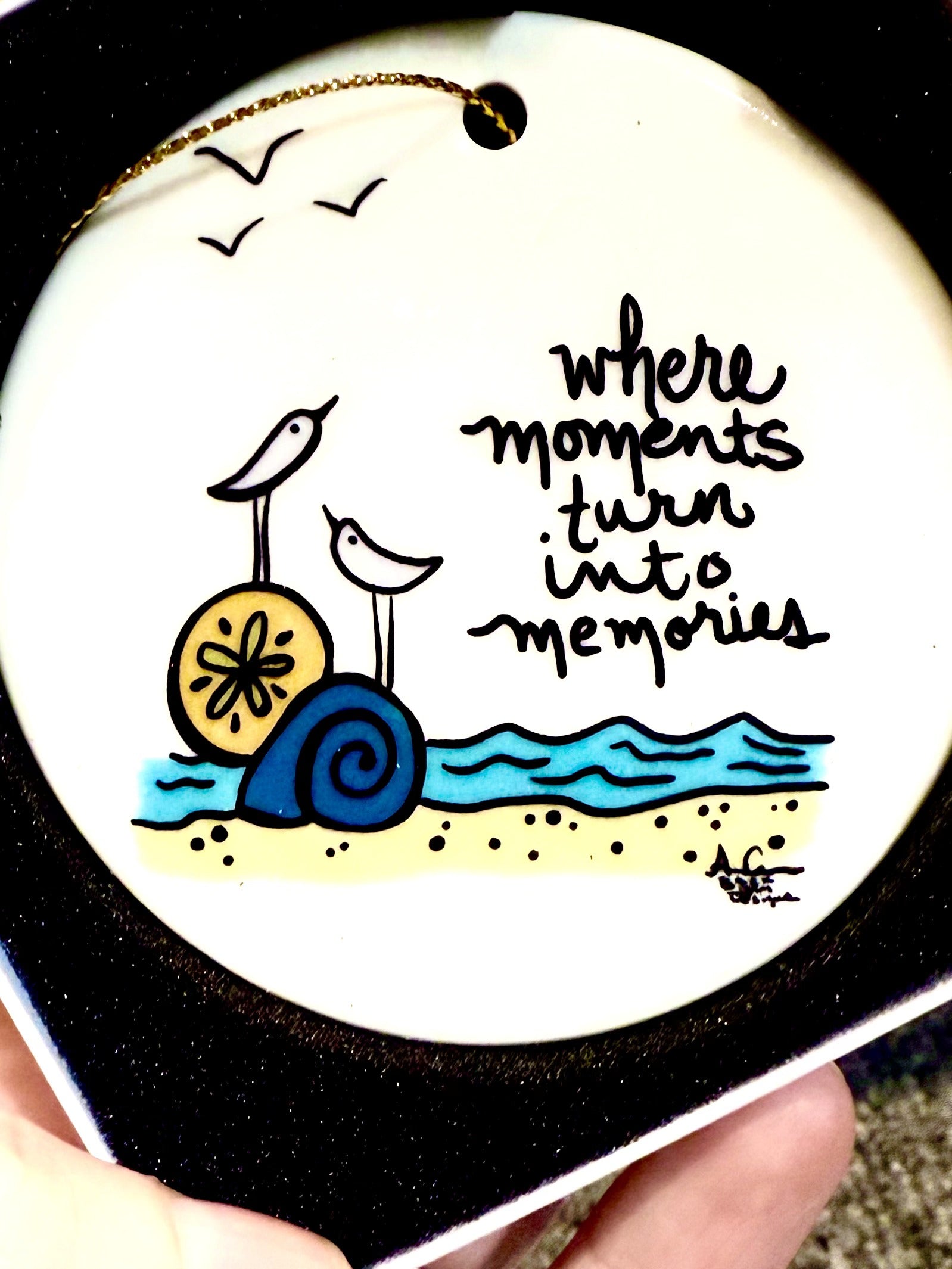 Where Moments turn into memories shorebirds on shells on beach  3 in ceramic ornament 