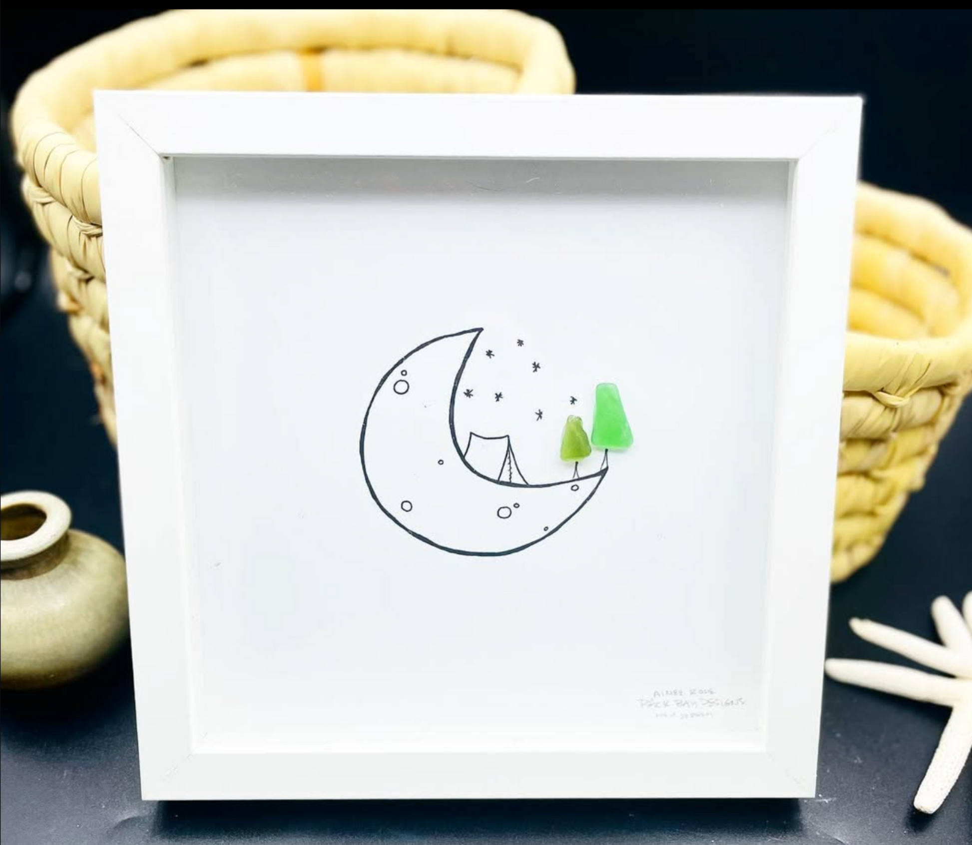 Moon camp 8x8 sea glass art on baskets