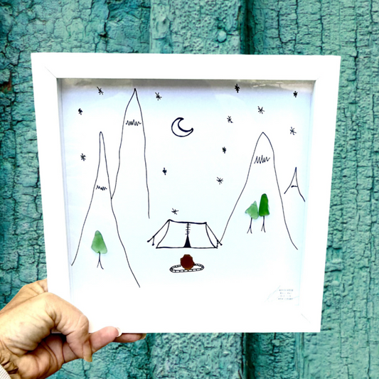 Mountain Camp - 8 in sea glass art 