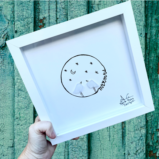 "Mr and Mrs"  2 birds stars and moon - 8 inch sea glass 