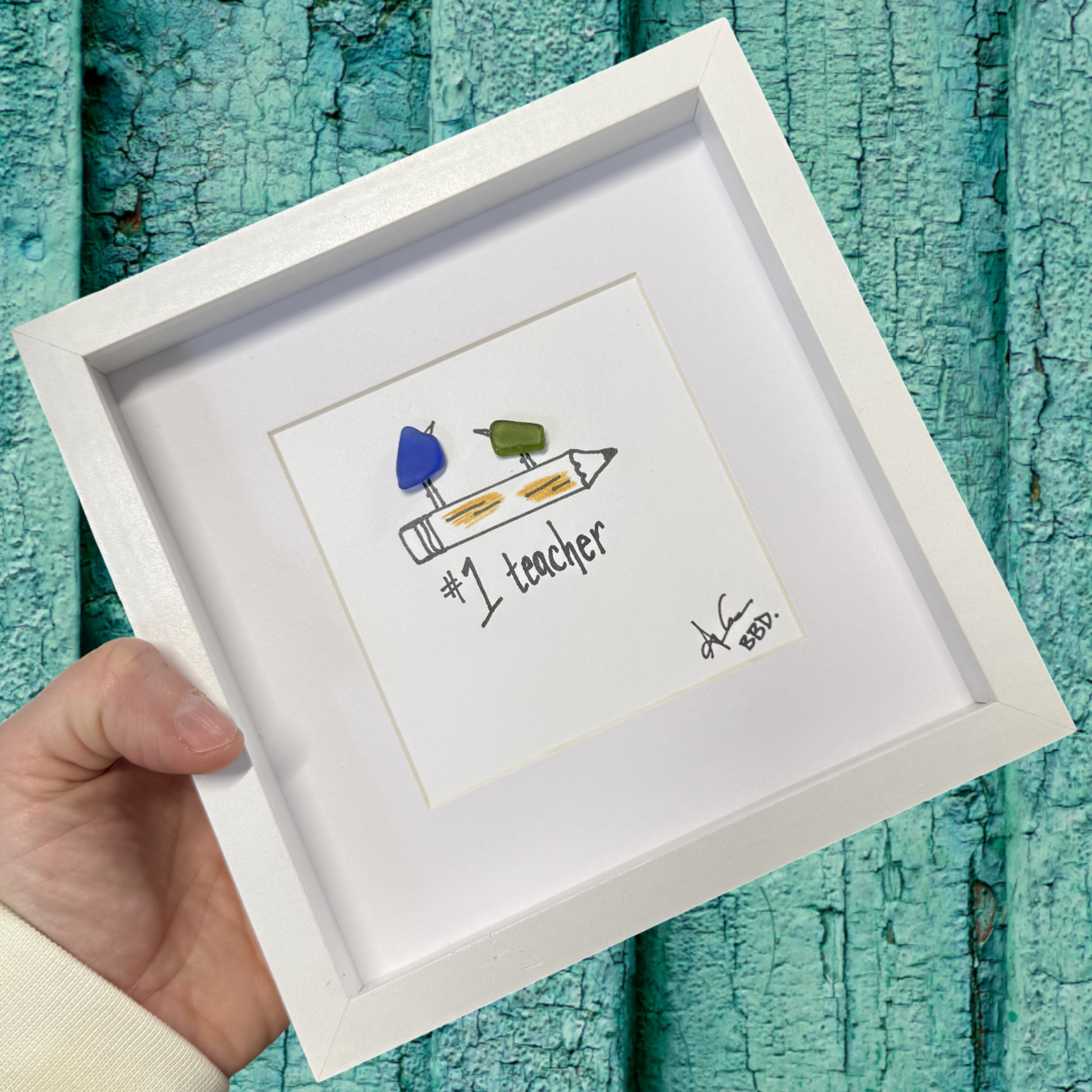 No.1 Teacher MINI sea glass art 6in