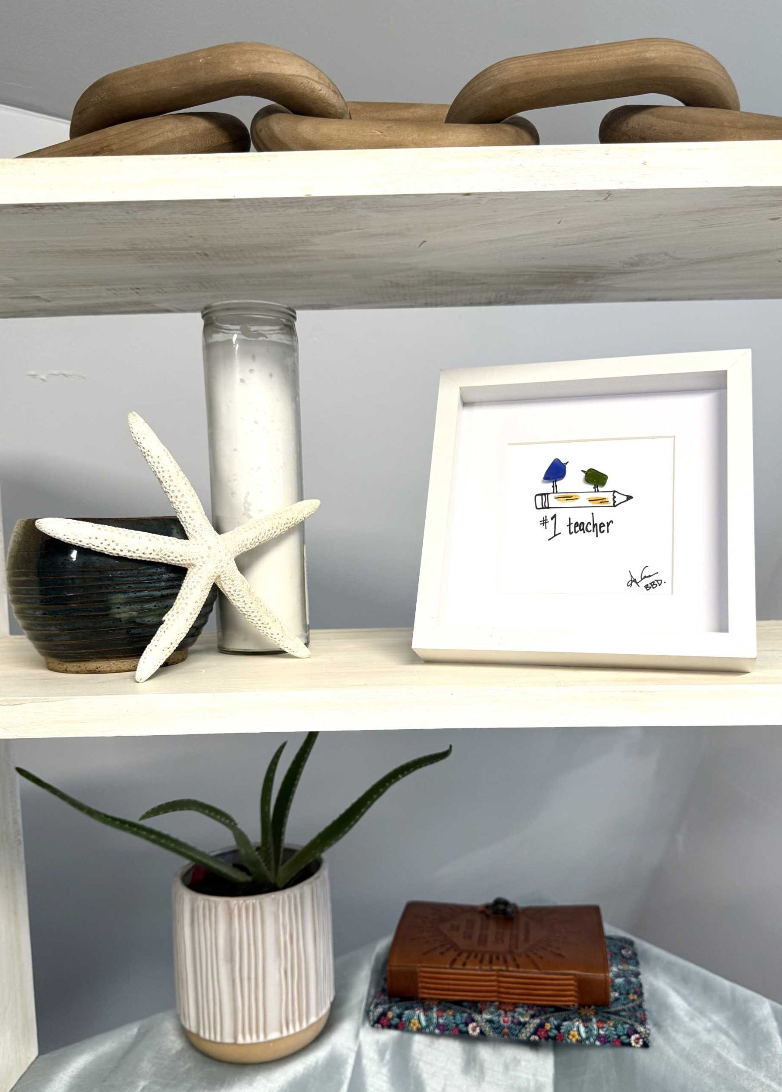 No.1 Teacher MINI sea glass art on shelf
