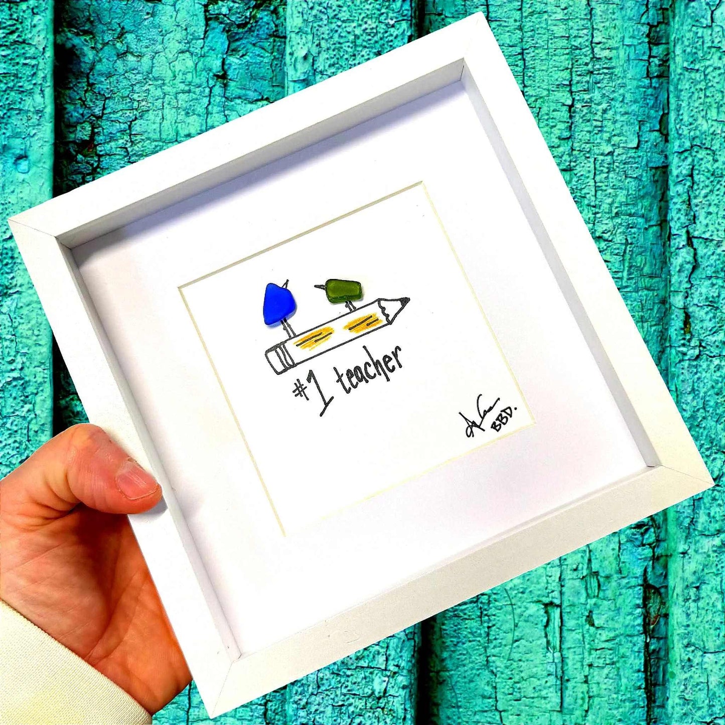 No.1 teacher MINI 6in sea glass art close on green