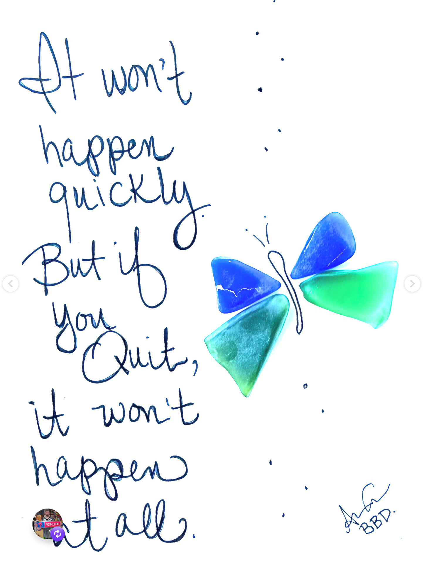 No Quit Butterfly - SLIM Sea Glass Art,  5x7 Whitewash Framed