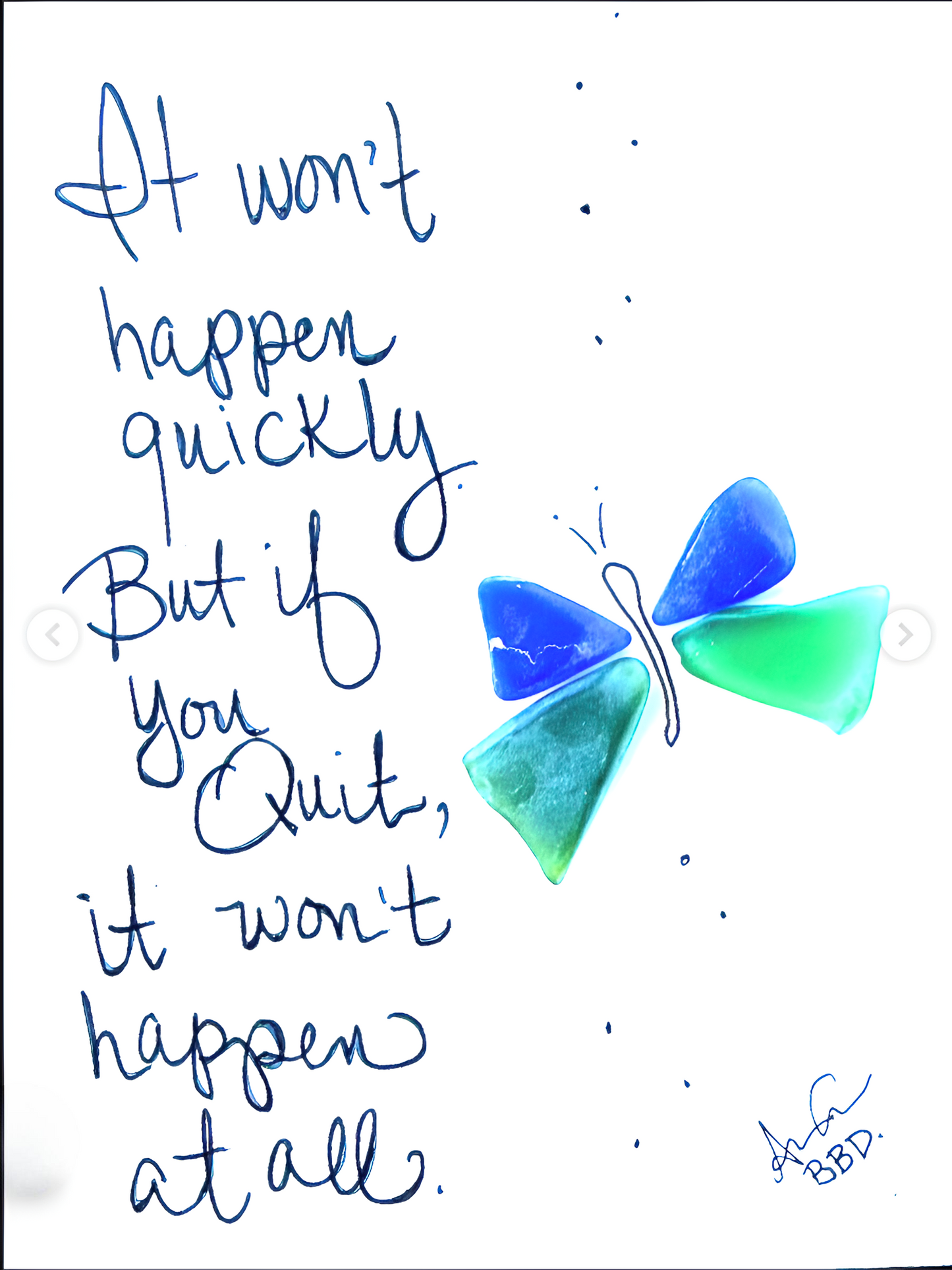 No Quit Butterfly - SLIM Sea Glass Art,  5x7 Whitewash Framed