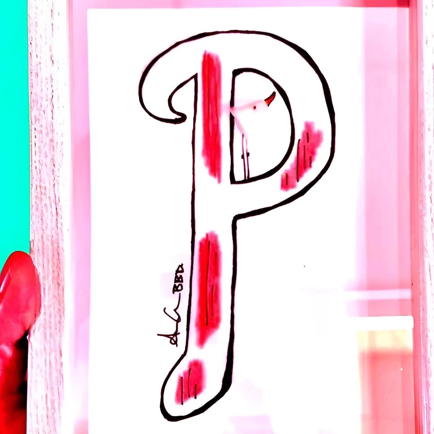P of Phillies Baseball - SLIM Sea Glass Art,  5x7 Whitewash Frame
