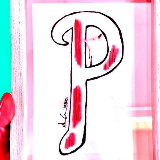 P of Phillies Baseball - SLIM Sea Glass Art,  5x7 Whitewash Frame