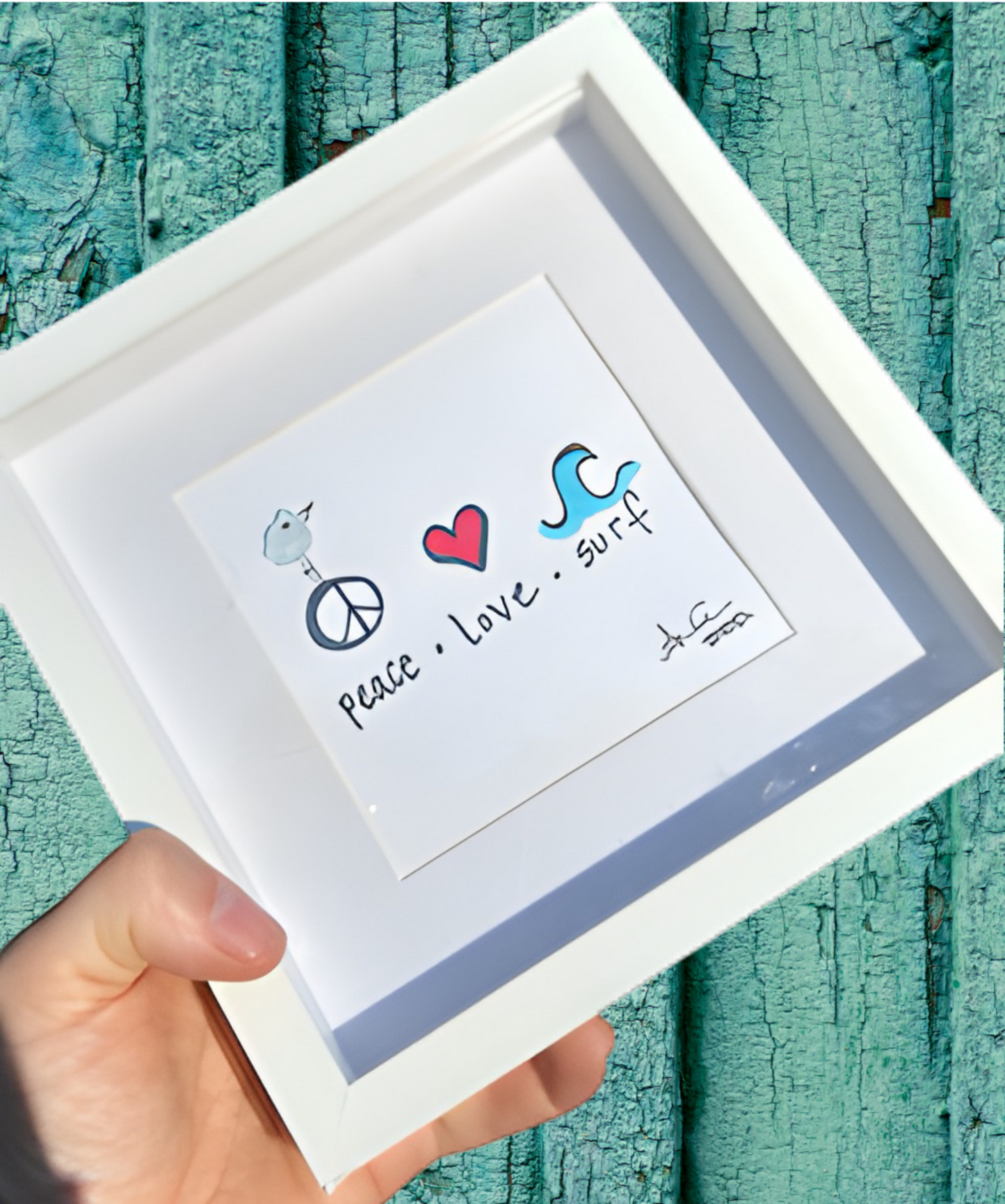 Peace Love Surf 6 in MINI Sea glass Art 