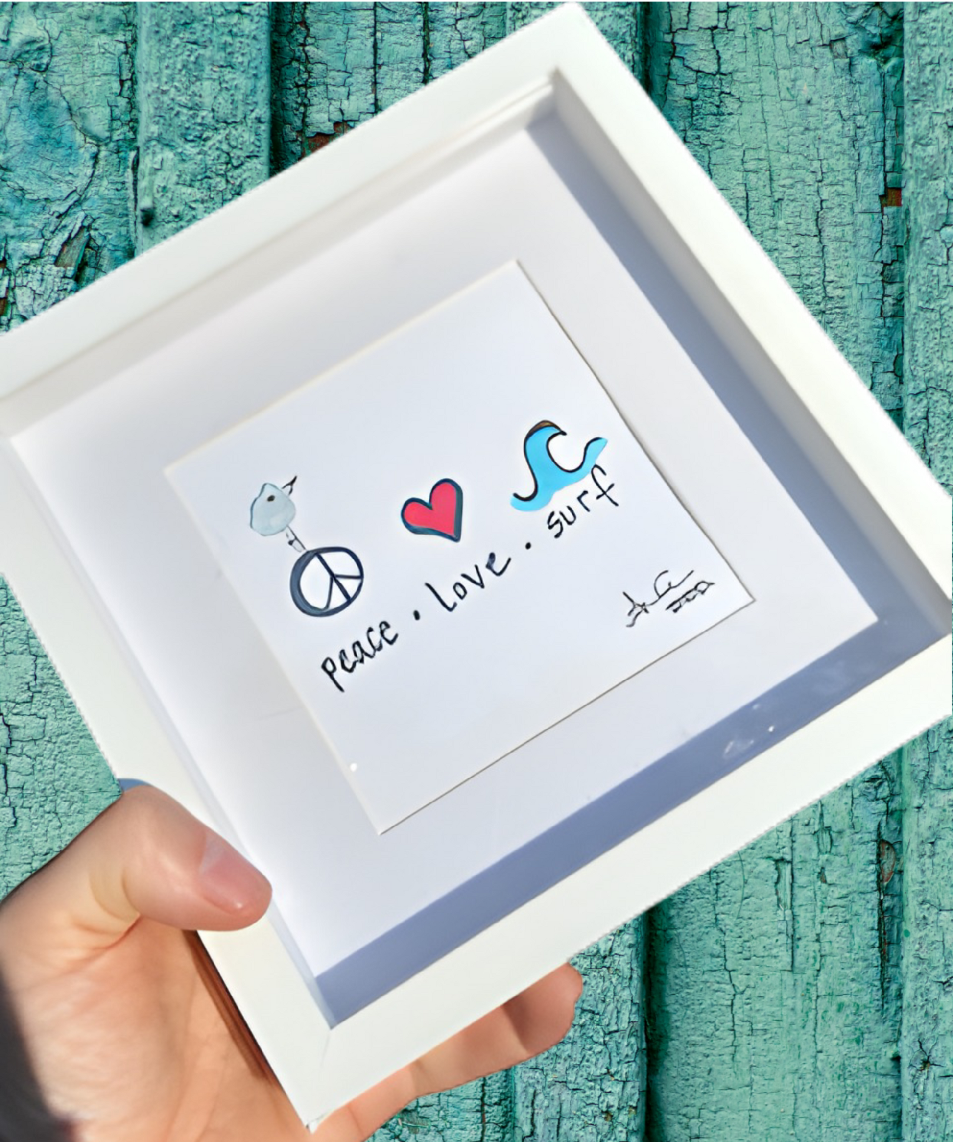 Peace Love Surf 6 in MINI Sea glass Art 