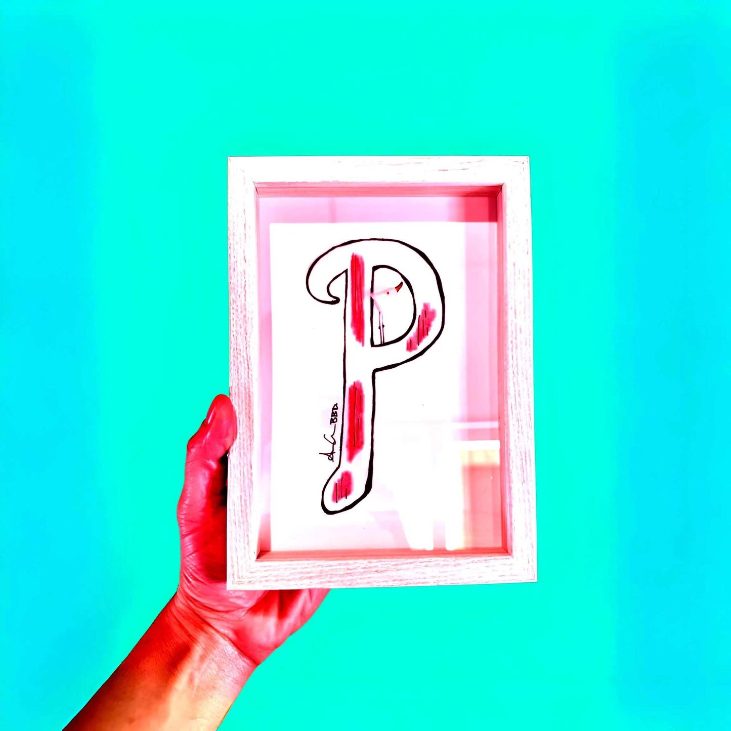 P of Phillies Baseball - SLIM Sea Glass Art,  5x7 Whitewash Frame