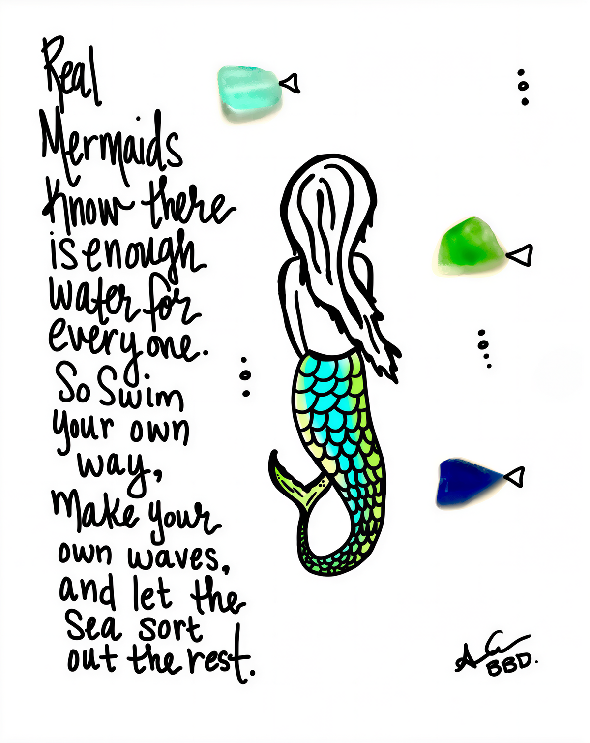 Real Mermaids - SLIM Sea Glass Art, 5x7 Whitewash Frame