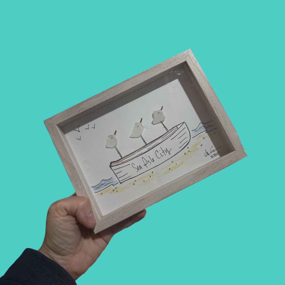 Sea Isle City Rowboat - SLIM Sea Glass Art,  5x7 Whitewash Framed