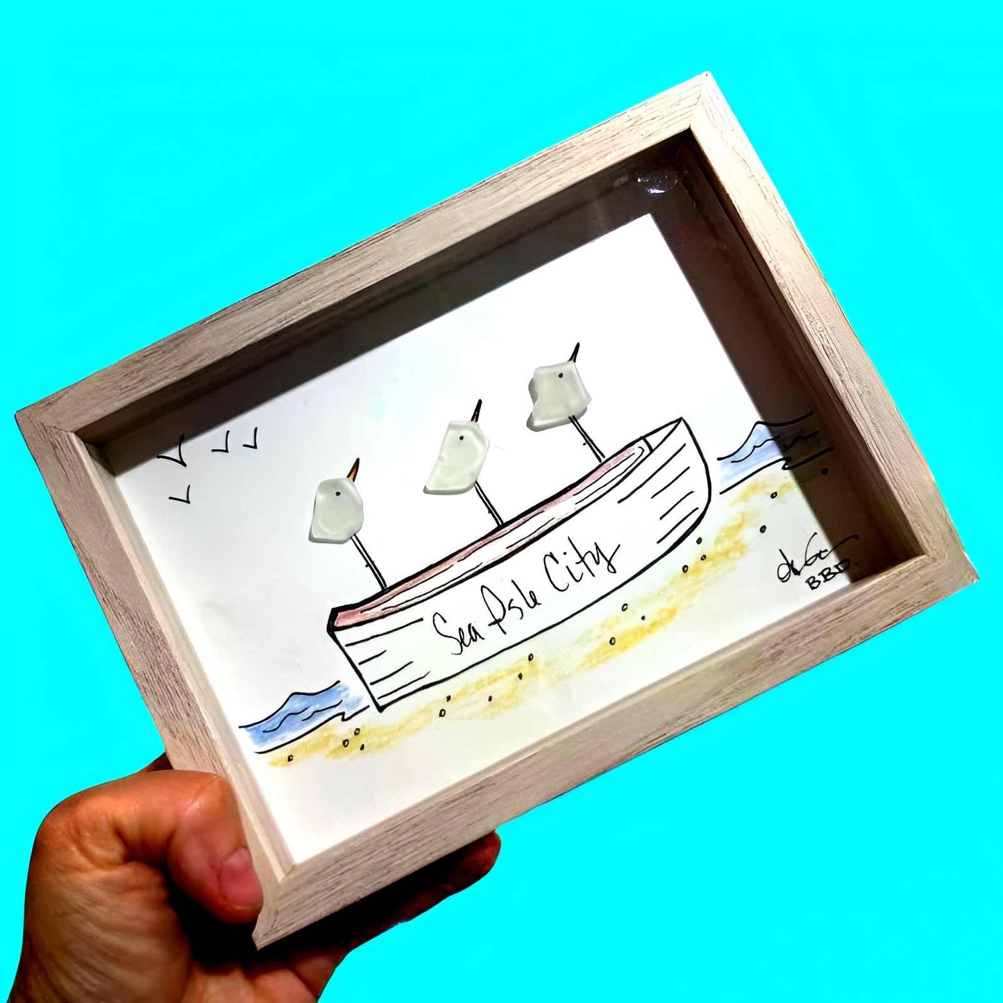 Sea Isle City Rowboat - SLIM Sea Glass Art,  5x7 Whitewash Framed