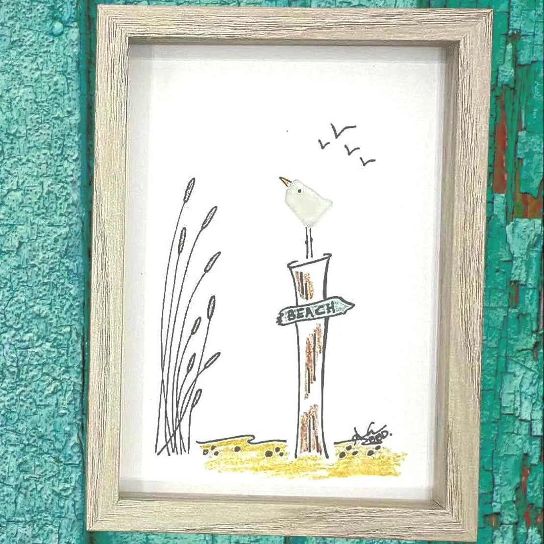 seagull piling sign to the beach closer 5x7whitewash bright 