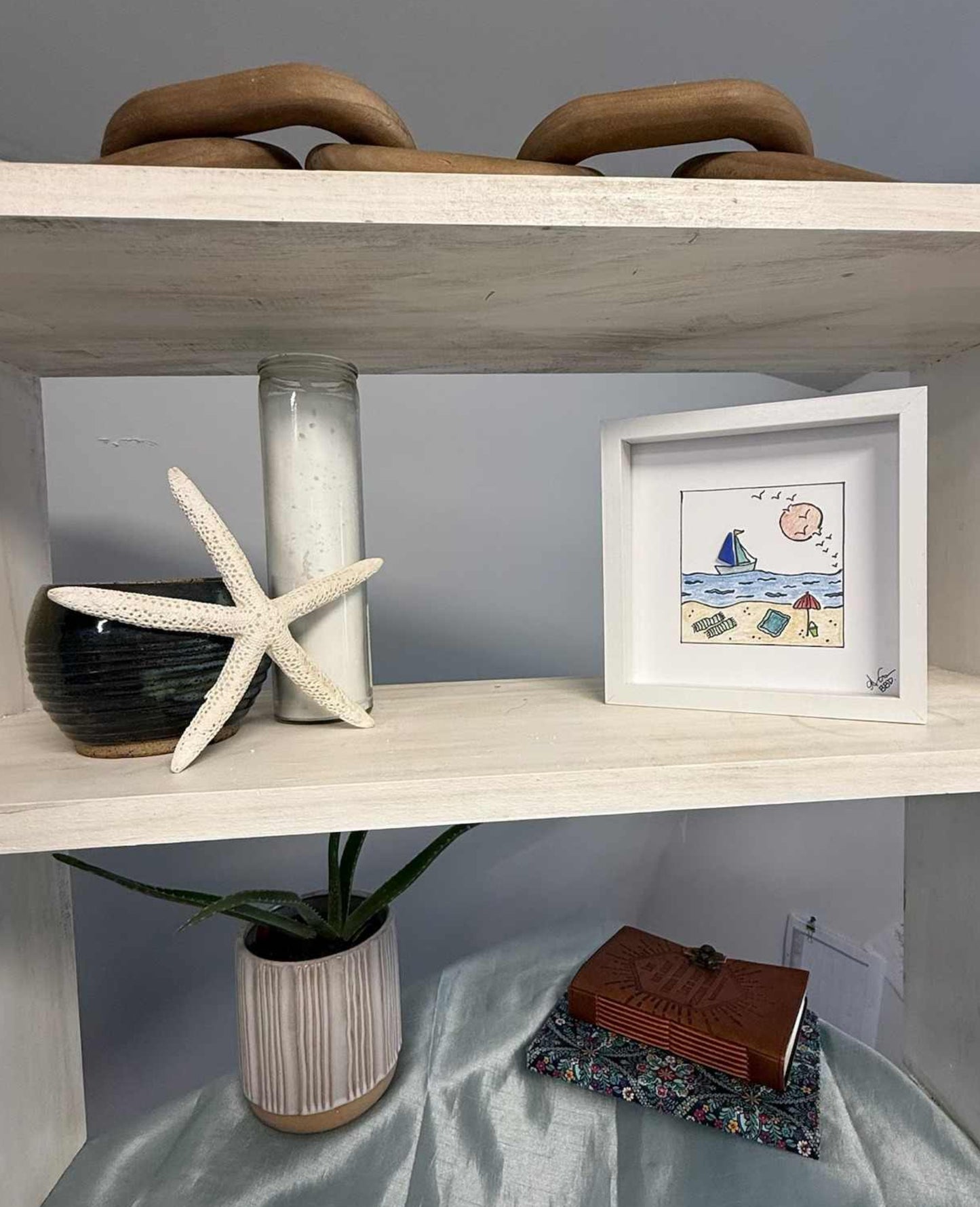 Sailboat Beach 6in MINI sea glass art on 3 tier shelf with candle 