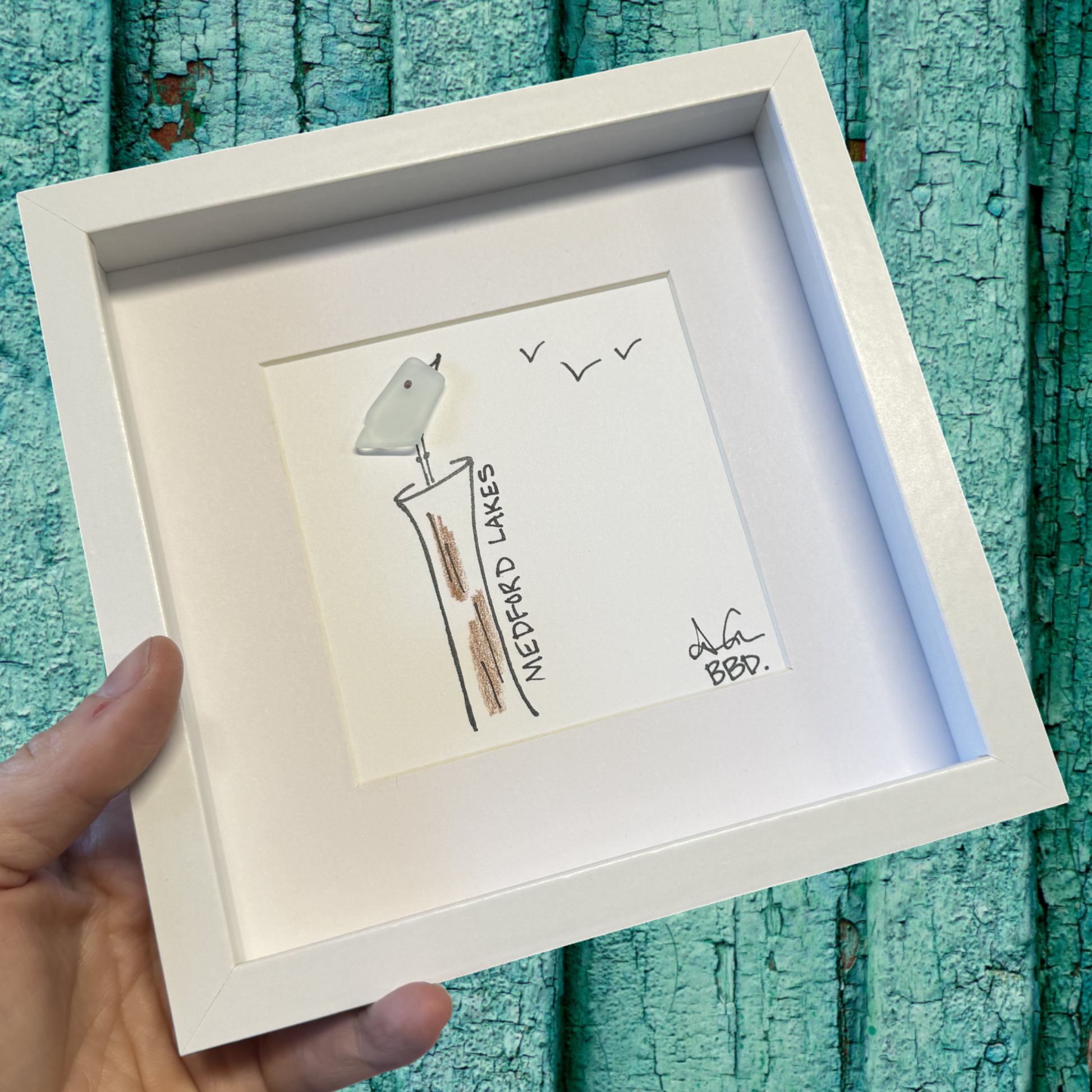 Sea glass bird on piling 6in MINI custom optional medford lakes example 