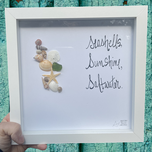 Framed artwork with seashells and text Seashells Sunshine Saltwater _original_8_inch_seaglass