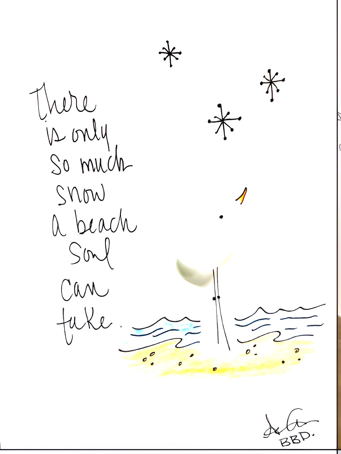Too Much Snow for a Beach Soul - SLIM Sea Glass Art,  5x7 Whitewash Frame