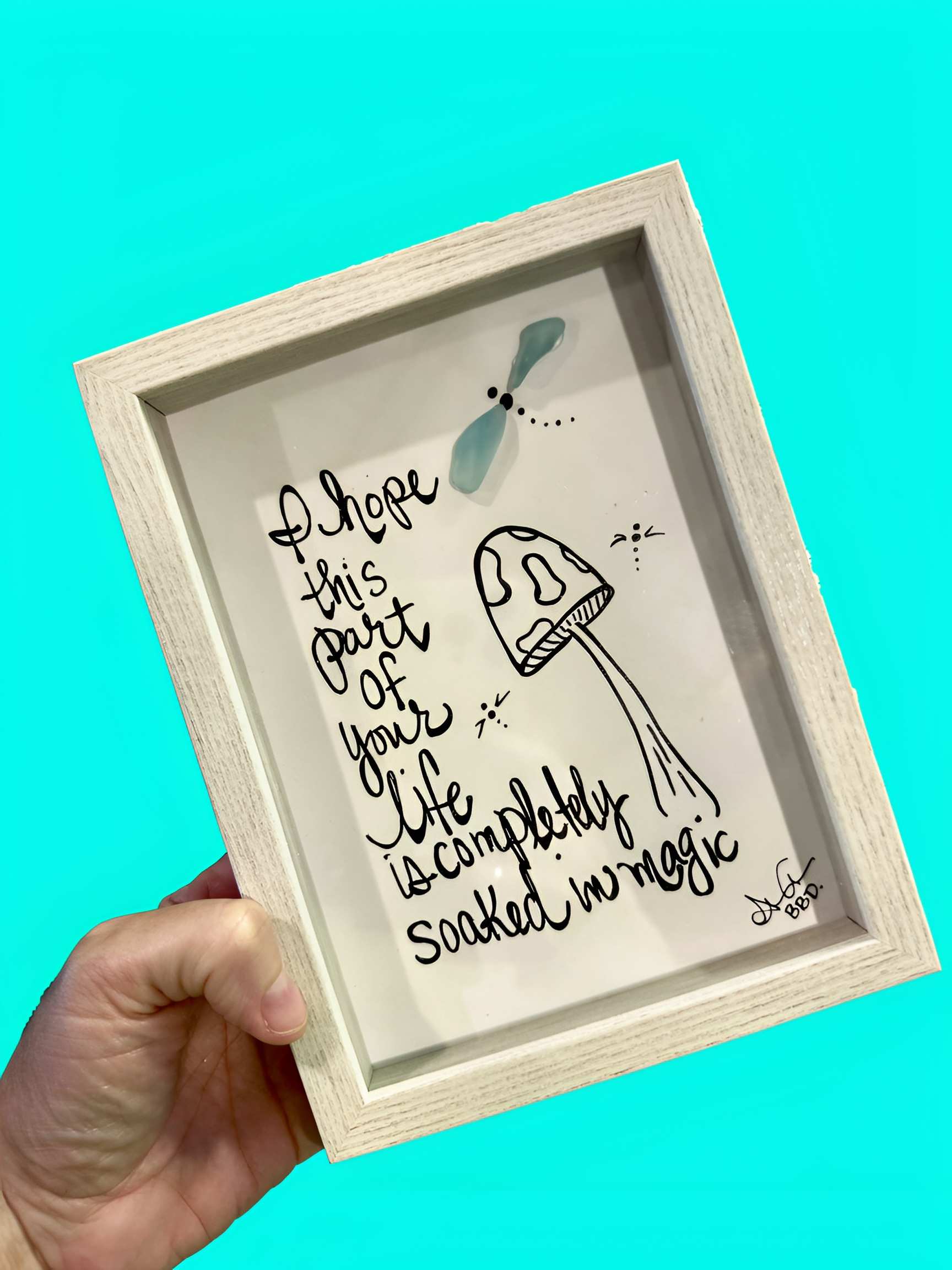 "I hope this part of your life is completely soaked in magic" Sea glass dragonfly flying over hand drawn mushroom and more dragonflies 