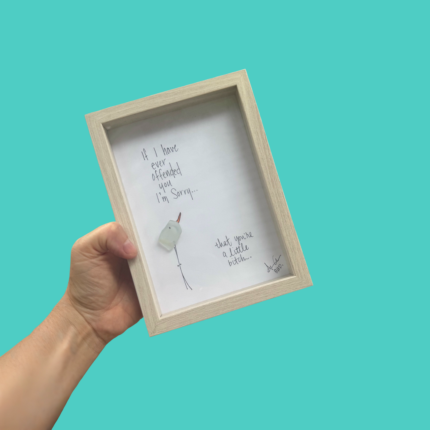 Sorry You Were Offended, Sarcasm Snark - SLIM Sea Glass Art,  5x7 Whitewash Frame