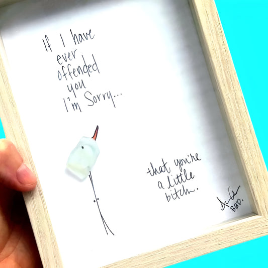 Sorry You Were Offended, Sarcasm Snark - SLIM Sea Glass Art,  5x7 Whitewash Frame