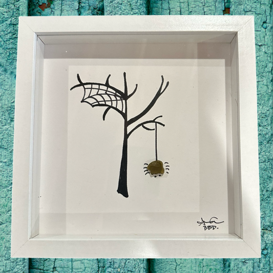 Framed artwork of a spider web and spider halloween autumn sea glass art 
