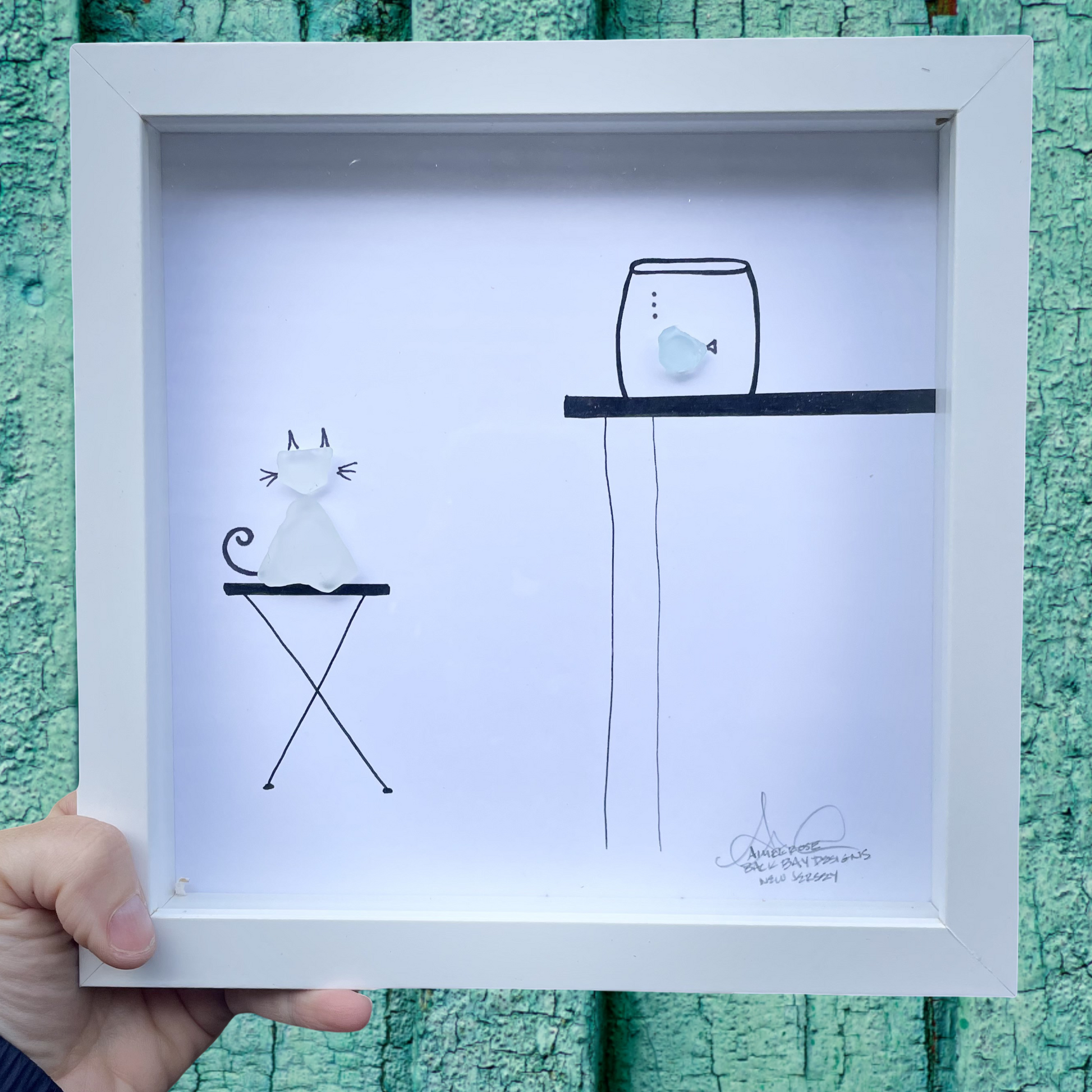 Framed illustration of a cat and a fish on stools funny pets sea glass art 