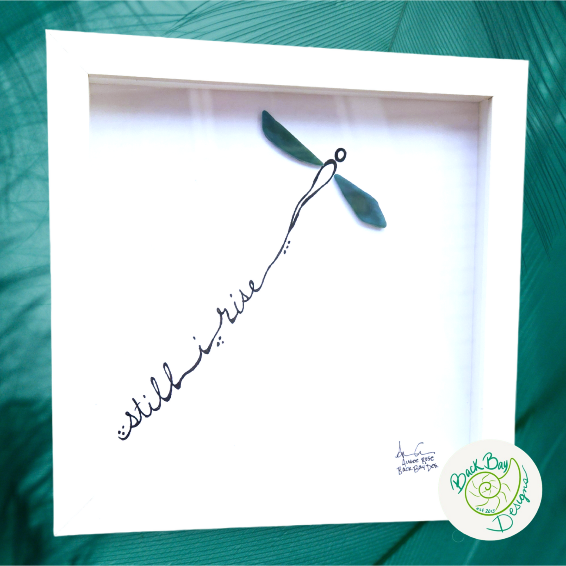Still I rise teal wings dragonfly 8 inch sea glass art