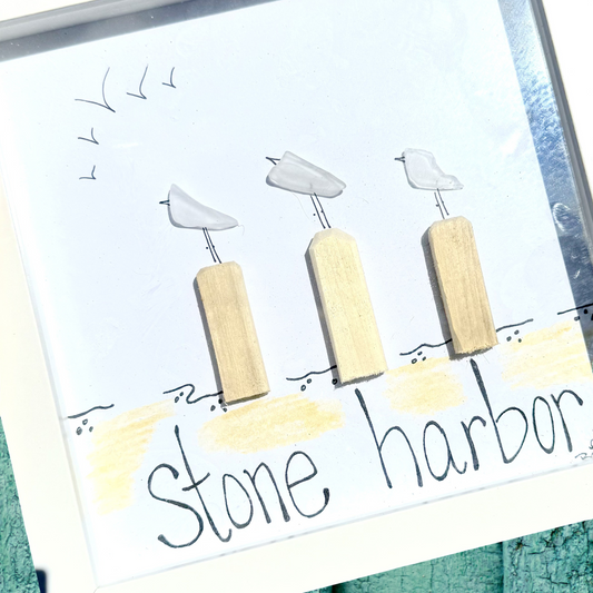 Stone Harbor 3 Piling Birds Original 8 inch sea glass art back bay designs 
