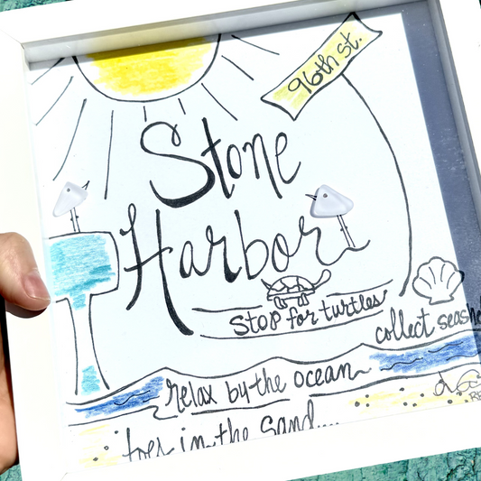 Stone Harbor 96th Street Stop for turtles collect sea shells relax by the ocean toes in the sand  with water tower, sun, bird, turtle, beach Original 8 inch Sea Glass Art by Back Bay designs 